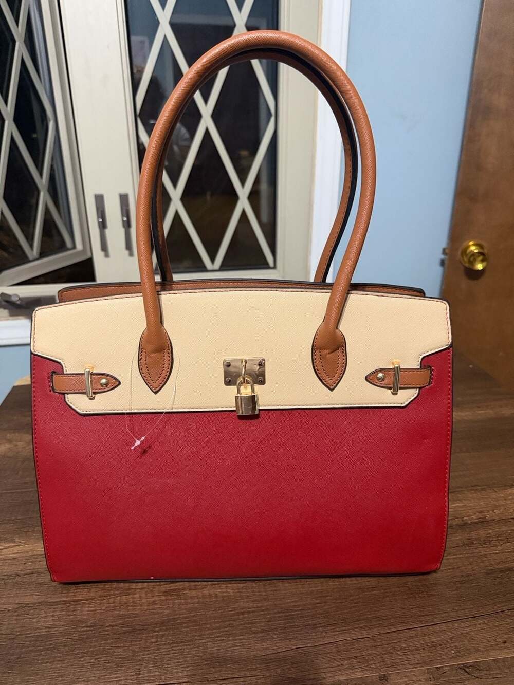 Chic & Savvy Handbags Tri-Color Satchel Handbag Red Beige Brown